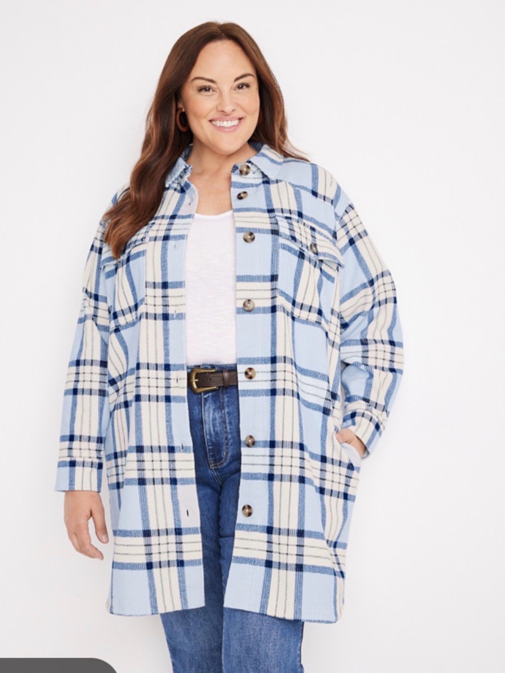 Maurices Light Blue & White Plaid Button-Front Shirt Jacket